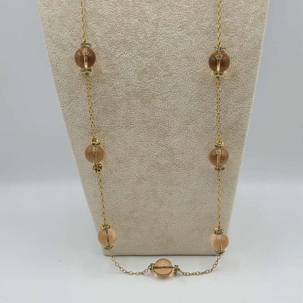 J Crew Gold Tone Long Station Necklace with Gold Beads Clear Crystal Spacers